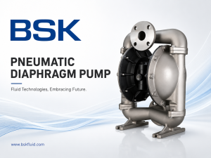 BSK brand hero featuring a large pneumatic diaphragm pump on the right and bold product text on the left against a light background with wave graphics.